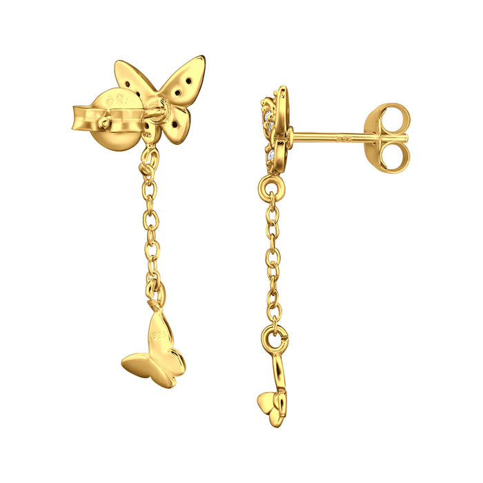 Joy|S - Zilveren vlinder bedel oorbellen - vlinder oorknoppen met hangend vlindertje - kettinkje - 7 x 26 mm - zirkonia - sterling zilver 925 - gold plated