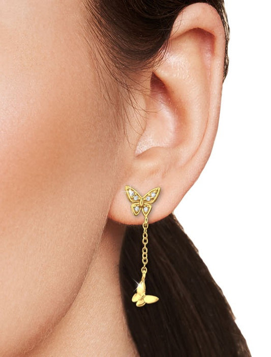 Joy|S - Zilveren vlinder bedel oorbellen - vlinder oorknoppen met hangend vlindertje - kettinkje - 7 x 26 mm - zirkonia - sterling zilver 925 - gold plated