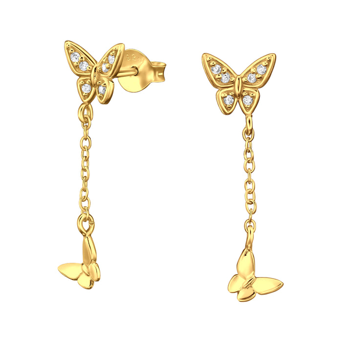 Joy|S - Zilveren vlinder bedel oorbellen - vlinder oorknoppen met hangend vlindertje - kettinkje - 7 x 26 mm - zirkonia - sterling zilver 925 - gold plated