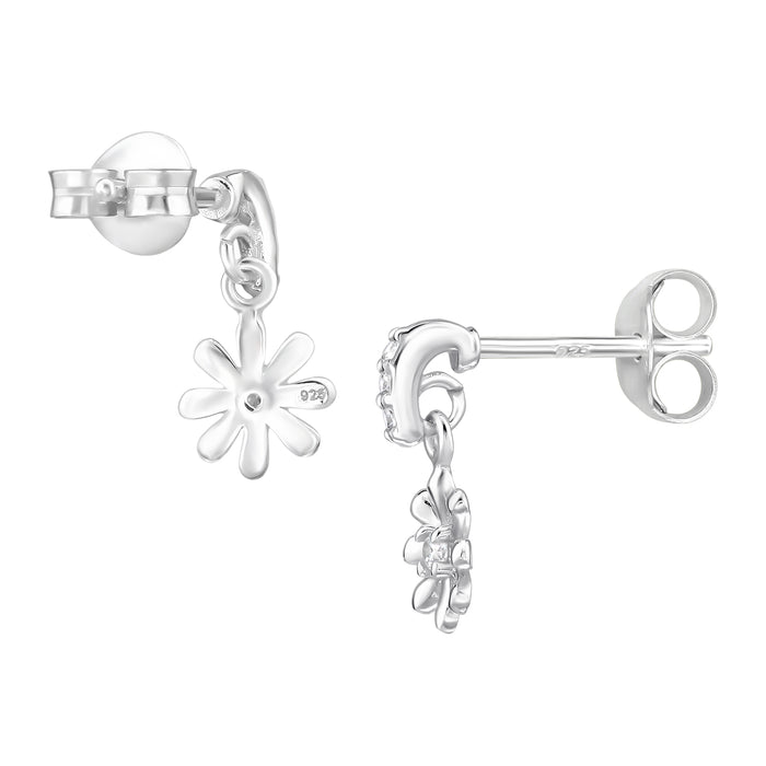 Joy|S - Zilveren bloem bedel oorbellen - oorknoppen met hangend bloemetje - 6 x 12 mm - zirkonia - sterling zilver 925 - kinderoorbellen