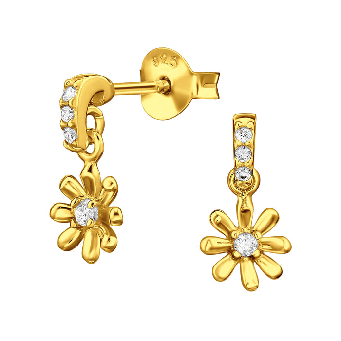 Joy|S - Zilveren bloem bedel oorbellen - oorknoppen met hangend bloemetje - 6 x 12 mm - zirkonia - sterling zilver 925 - kinderoorbellen - gold plated