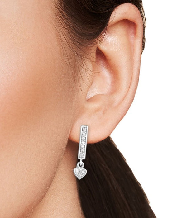 Joy|S - Zilveren hartje bedel oorbellen - bar / staaf oorknoppen met hangend hartje - 4 x 16 mm - zirkonia - sterling zilver 925