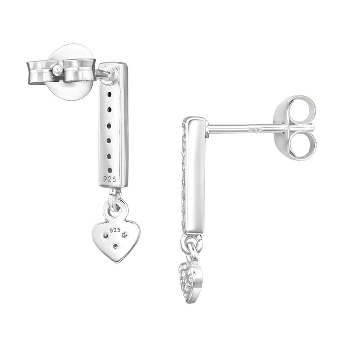 Joy|S - Zilveren hartje bedel oorbellen - bar / staaf oorknoppen met hangend hartje - 4 x 16 mm - zirkonia - sterling zilver 925
