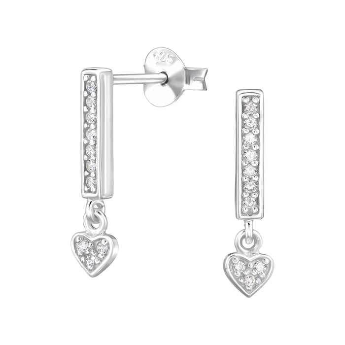 Joy|S - Zilveren hartje bedel oorbellen - bar / staaf oorknoppen met hangend hartje - 4 x 16 mm - zirkonia - sterling zilver 925
