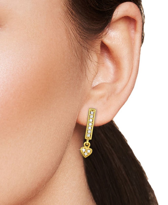 Joy|S - Zilveren hartje bedel oorbellen - bar / staaf oorknoppen met hangend hartje - 4 x 16 mm - zirkonia - sterling zilver 925 - gold plated