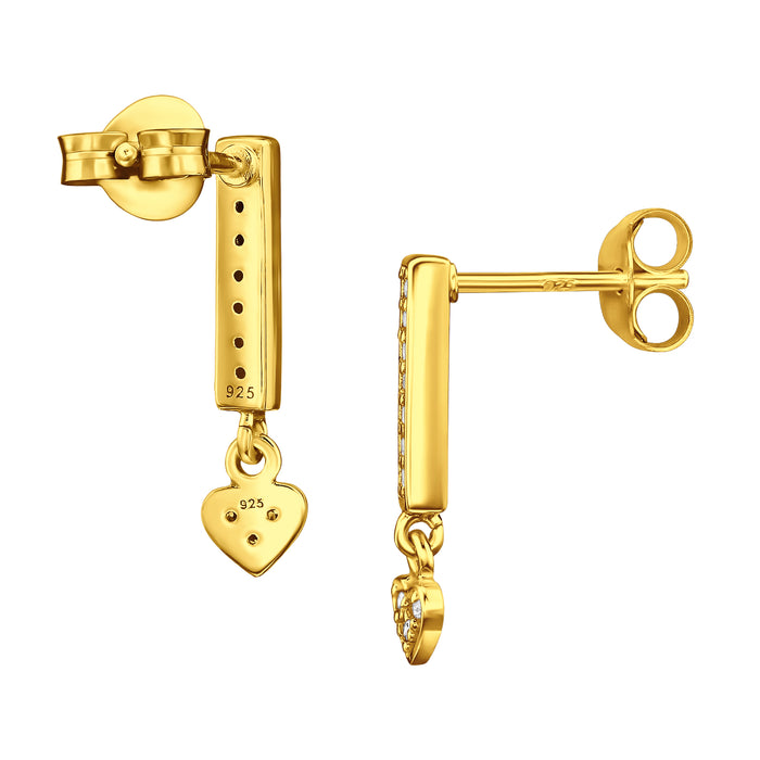 Joy|S - Zilveren hartje bedel oorbellen - bar / staaf oorknoppen met hangend hartje - 4 x 16 mm - zirkonia - sterling zilver 925 - gold plated