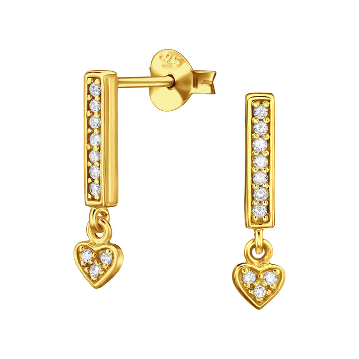 Joy|S - Zilveren hartje bedel oorbellen - bar / staaf oorknoppen met hangend hartje - 4 x 16 mm - zirkonia - sterling zilver 925 - gold plated