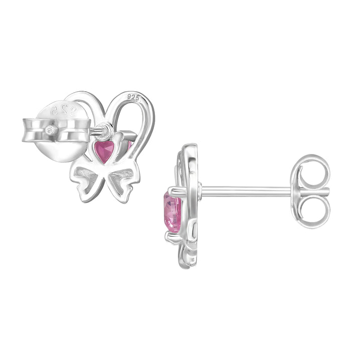 Joy|S - Zilveren hartje oorbellen met strikje - 7.8 x 8.3 mm - roze hartje zirkonia - oorknoppen - sterling zilver 925