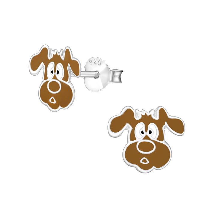 Joy|S - Zilveren hond oorbellen - 10 x 9 mm - bruin