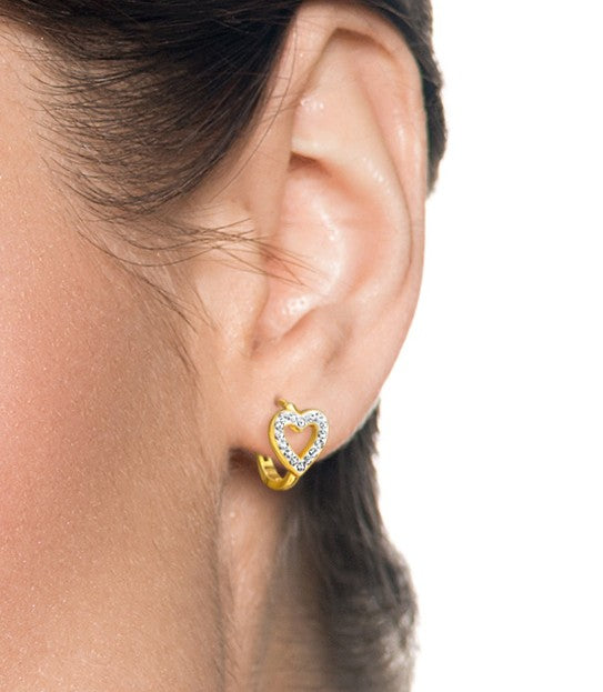 Joy|S - Zilveren hartje oorringen - 12 mm / 8 mm - kristal - klap scharnier sluiting - sterling zilver 925 - goldplated - oorbellen met een hartje- t98