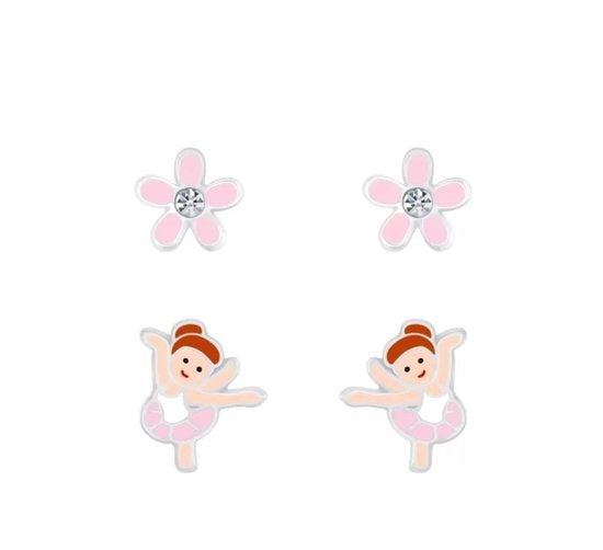 Joy|S - Zilveren oorbellen set 2 paar - Ballerina danseres - bloem