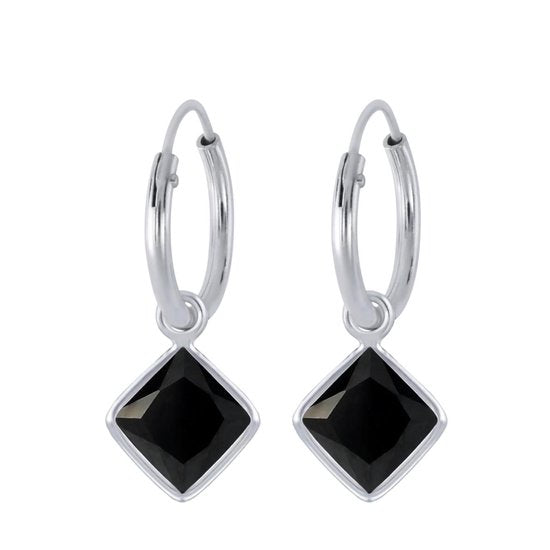 Joy|S - Zilveren ruit square cubic zirkonia zwart bedel oorbellen