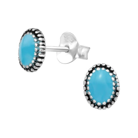 Joy|S - Zilveren ovale oorknopjes 5 x 6 mm blauw geoxideerd