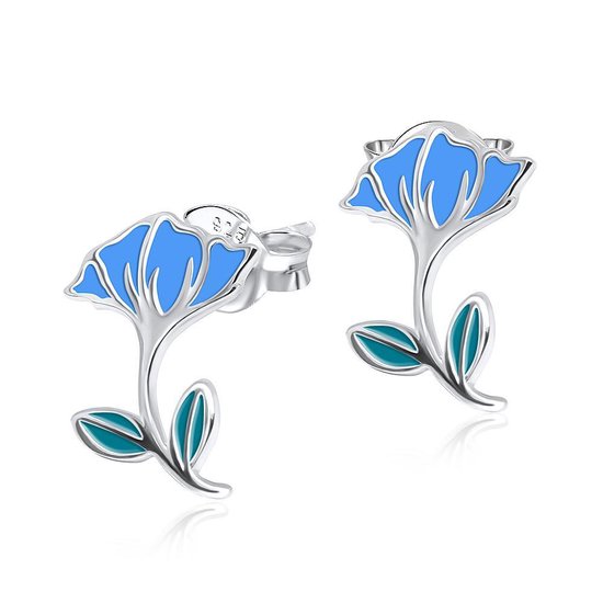 Joy|S - Zilveren Hibiscus oorbellen - blauwe bloem - 10 x 14 mm