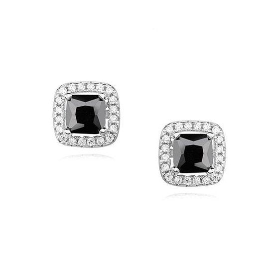 Joy|S - Zilveren classic vierkant oorbellen 9 mm zwarte zirkonia - gehodineerd