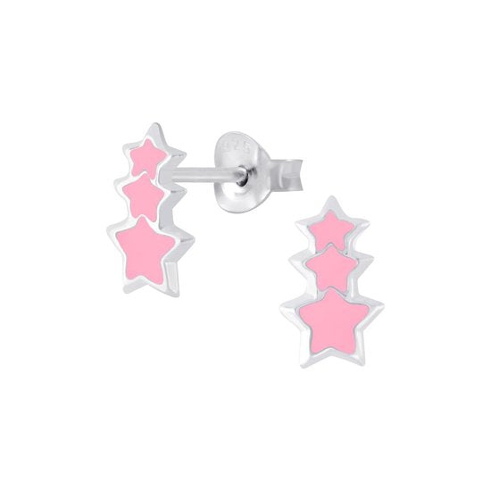 Joy|S - Zilveren oorbellen - 6 x 8 mm - roze ster - 3 sterren