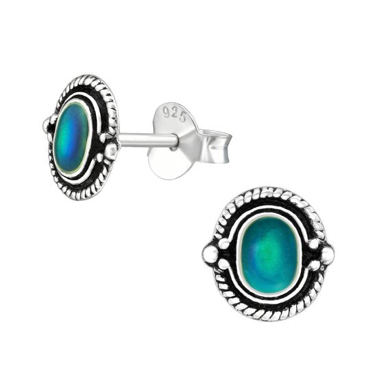 Joy|S - Zilveren Bali classic ovaal oorbellen 7 mm mood blauw bruin color changing
