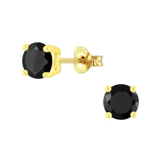 Joy|S - Zilveren oorbellen - rond - zirkonia zwart - goudplating - 6 mm