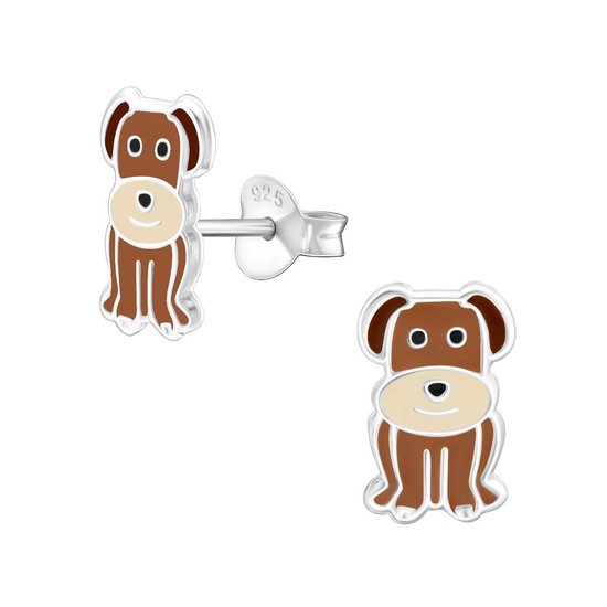 Joy|S - Zilveren hond oorbellen - 7 x 11 - mm bruin
