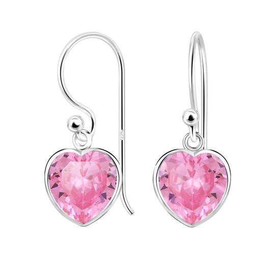 Joy|S - Zilveren hart oorbellen - 8 mm - hartje zirkonia roze - oorhangers
