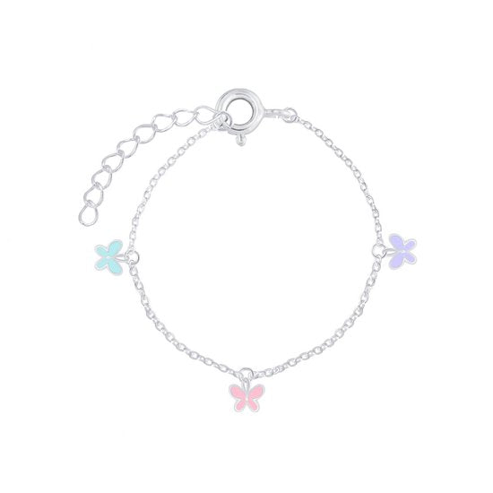 Joy|S - Zilveren bedel armband 3 vlinders - roze vlinder - paarse vlinder - blauwe vlinder 14 cm + 3 cm