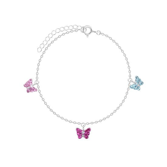 Joy|S - Zilveren vlinder bedel armband - 3 vlinders - kristal - 13cm + 3 cm