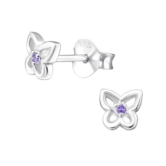 Joy|S - Zilveren petit vlinder oorbellen - lila paars - 5 mm - oorknopjes