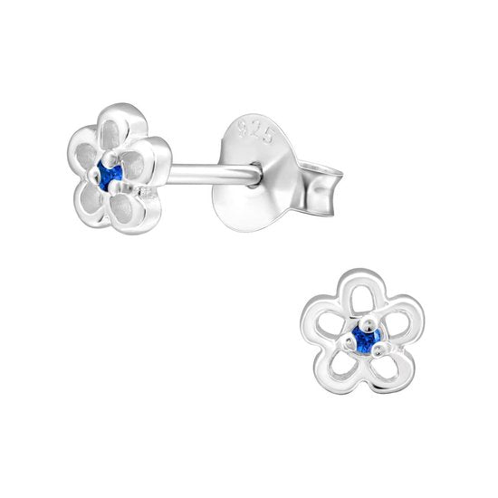 Joy|S - Zilveren petit bloem oorbellen - 5mm - zirkonia blauw
