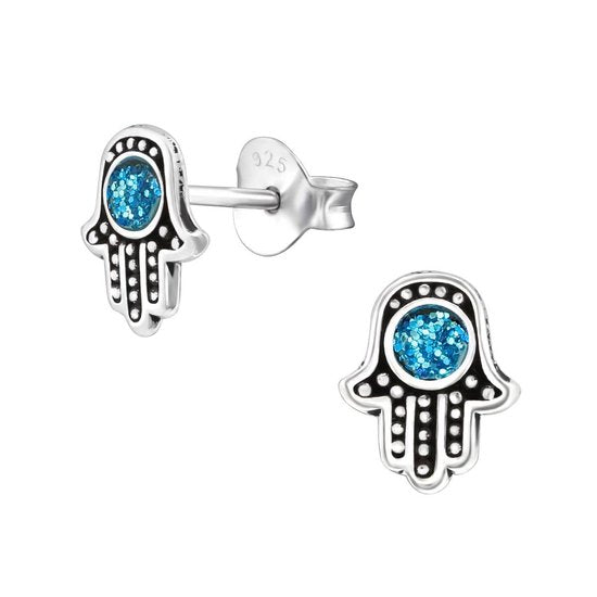 Joy|S - Zilveren hamsa oorbellen - blauw met glitter - 7 x 8 mm - geoxideerd