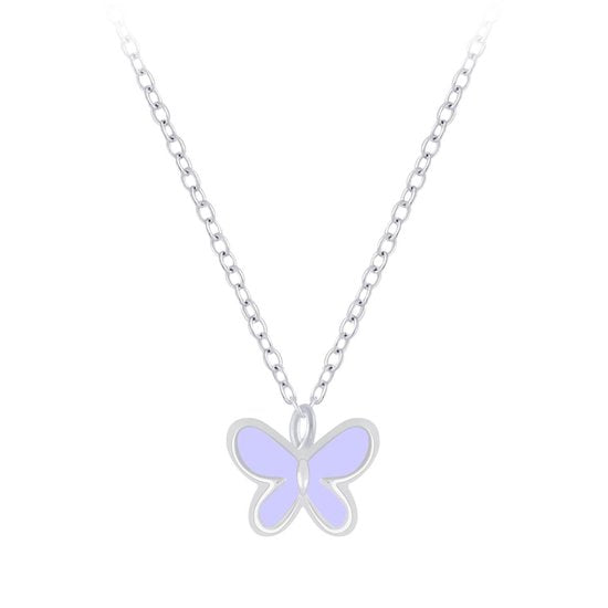 Joy|S - Zilveren petit vlinder hanger met ketting 36 cm + 5 cm extension - paars vlindertje