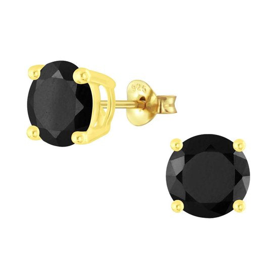 Joy|S - Zilveren oorbellen - rond - zirkonia zwart - goudplating - 8 mm