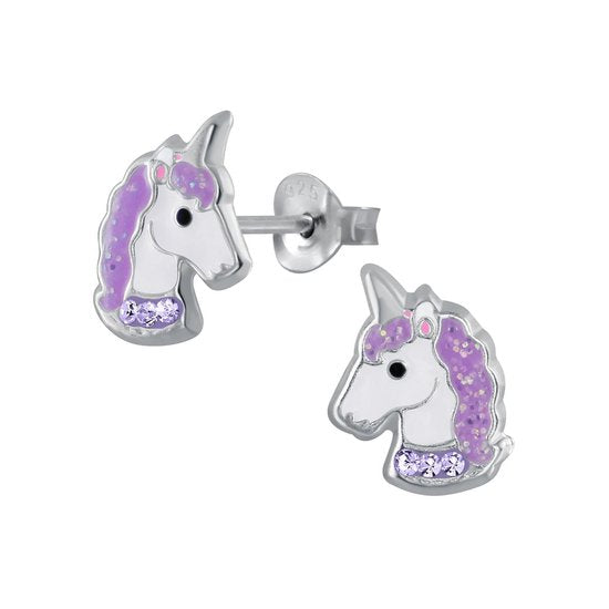 Joy|S - Zilveren eenhoorn oorbellen unicorn paars