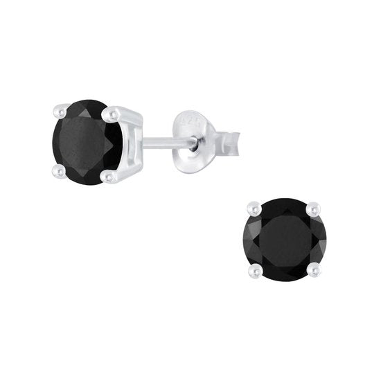 Joy|S - Zilveren rond oorbellen - 6 mm - zirkonia zwart