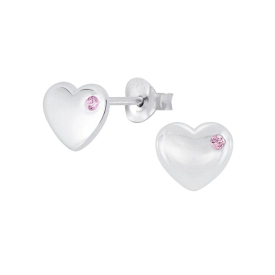 Joy|S - Zilveren hartje oorbellen met roze zirkonia - 8 mm