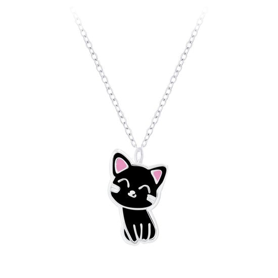 Joy|S - Zilveren kat poes hanger met ketting - zwart met roze oortjes