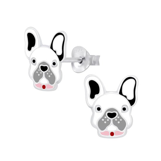 Joy|S - Zilveren hond oorbellen - 9 x 10 mm -wit zwart grijs met roze halsband