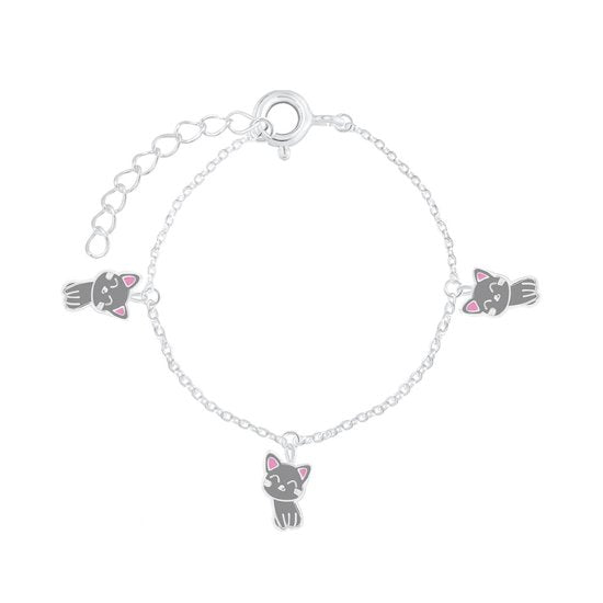 Joy|S - Zilveren kat poes bedel armband - 3 bedeltjes - grijs