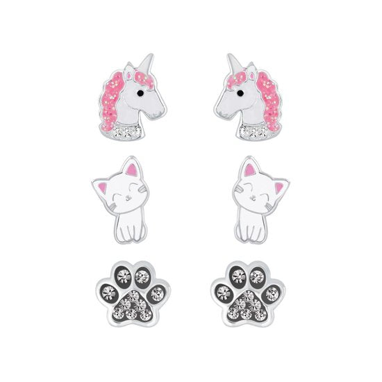 Joy|S - Zilveren oorbellen set 3 paar | Dierenpoot | Eenhoorn/ unicorn | Kat/ poes