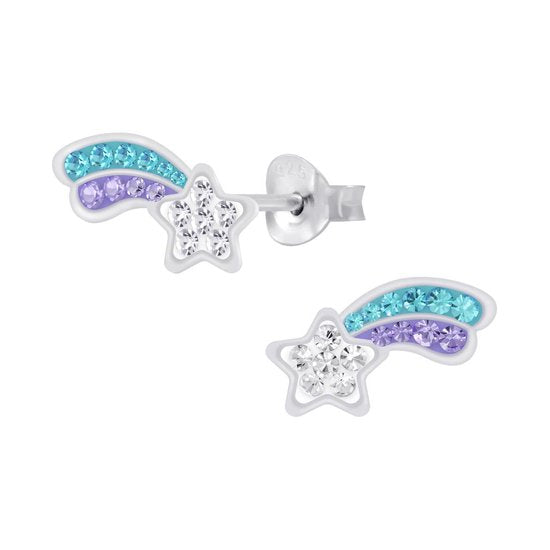 Joy|S - Zilveren vallende ster oorbellen - paars blauw - 13 x 6 mm