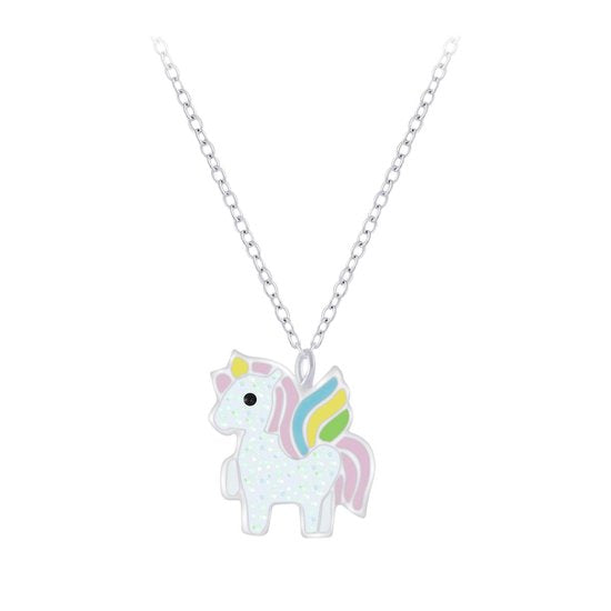 Joy|S - Zilveren eenhoorn hanger met ketting 36 cm + 5 cm unicorn glitter