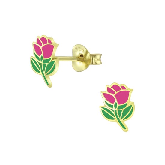 Joy|S - Zilveren roze bloem oorbellen - roosje - goudplating
