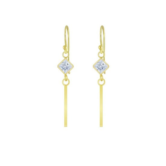 Joy|S - Zilveren zirkonia ruit oorbellen met bar (staaf) - goudplating