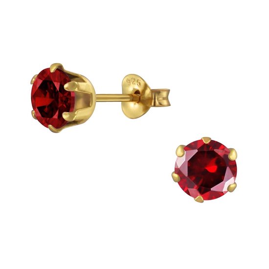 Joy|S - Zilveren oorknoppen - rond - zirkonia - rood - goudplating - 6 mm