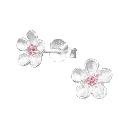Joy|S - Zilveren elegante bloem oorbellen met roze zirkonia