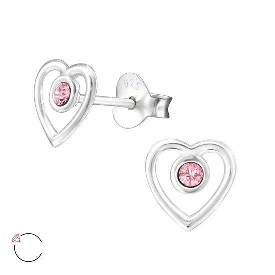 Joy|S - Zilveren hartje oorbellen - 7 mm - roze kristal