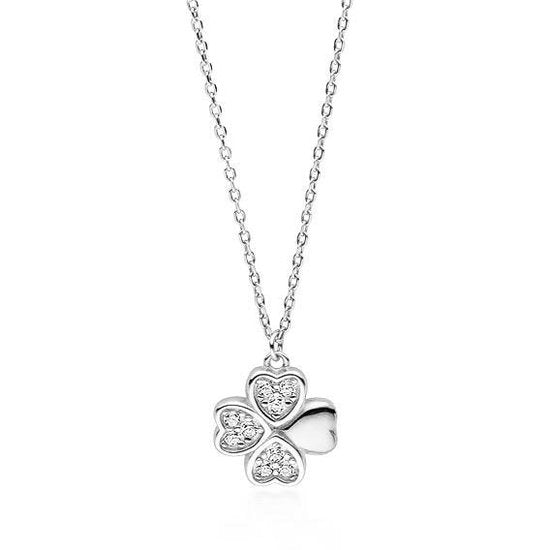 Joy|S - Zilveren ketting met klaver hanger - klavertje vier - zirkonia - gehodineerd