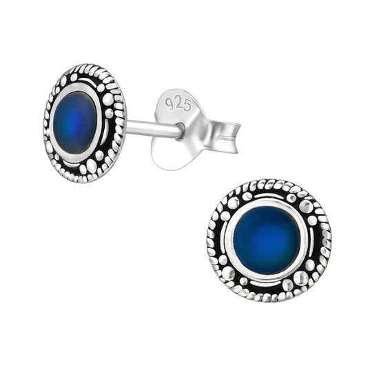 Joy|S - Zilveren Bali ronde oorbellen - 6 mm - blauw bruin mood changing color