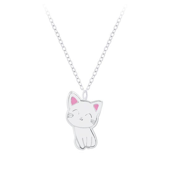 Joy|S - Zilveren kat poes hanger met ketting - wit met roze oortjes
