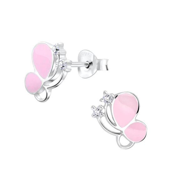 Joy|S - Zilveren elegante vlinder oorbellen - 7 x 10 mm - roze met zirkonia