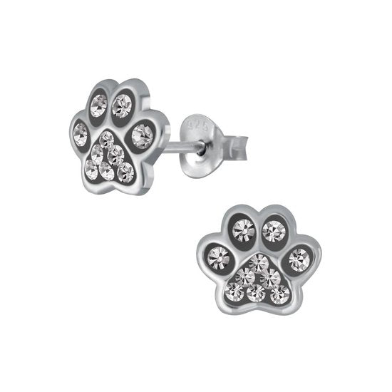 Joy|S - Zilveren kat hond dieren poot oorbellen 8 mm kristal antraciet